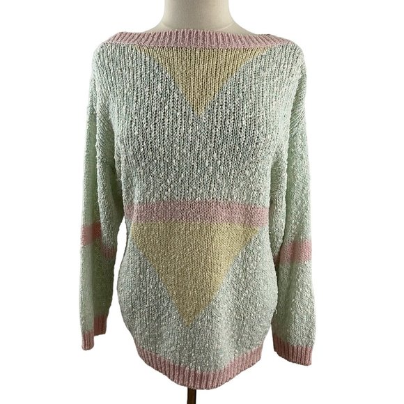Vintage 80s Here's a Hug Knit Sweater Pastel Loose Knit Chenille - Picture 1 of 7